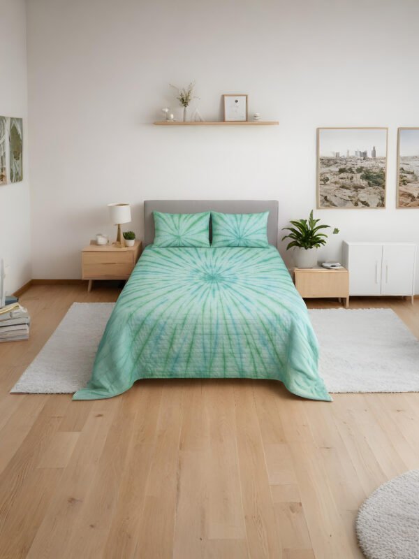 Mint Green Spiral Tie-Dye Bedsheet Set with Pillow Covers – Premium Cotton