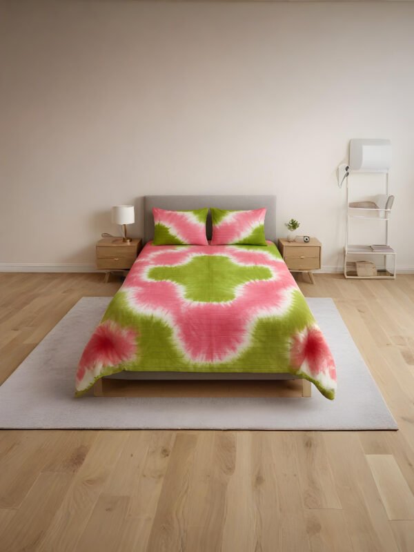 Premium Tie-Dye Cotton Bedsheet Set – Green & Pink Bliss Premium Tie-Dye Cotton Bedsheet Set – Green & Pink Bliss